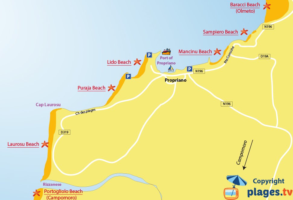 Map of Propriano beaches in Corsica