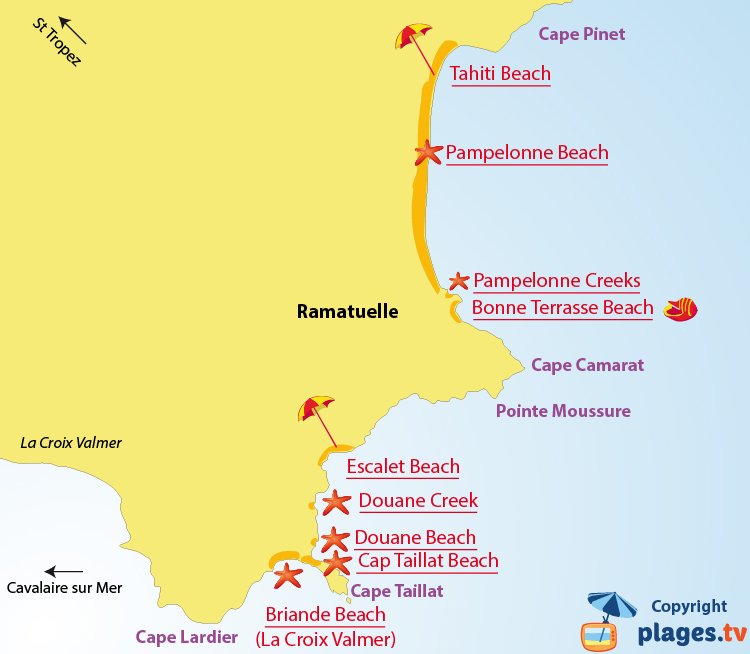 Map of the beaches in Ramatuelle - France