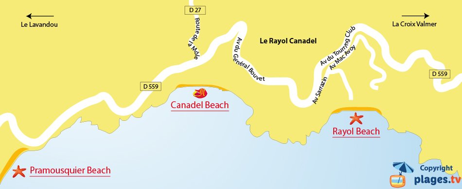 Map of Rayol-Canadel beaches in France