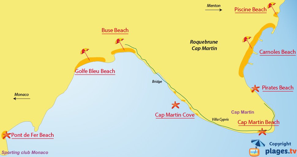 Map of Roquebrune-Cap-Martin beaches in France