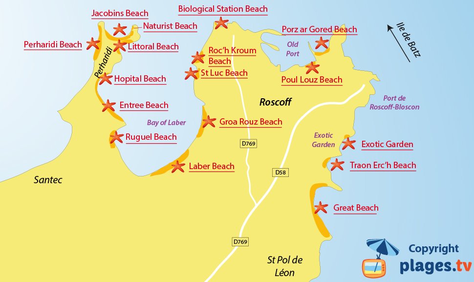 Map of Roscoff beaches in France