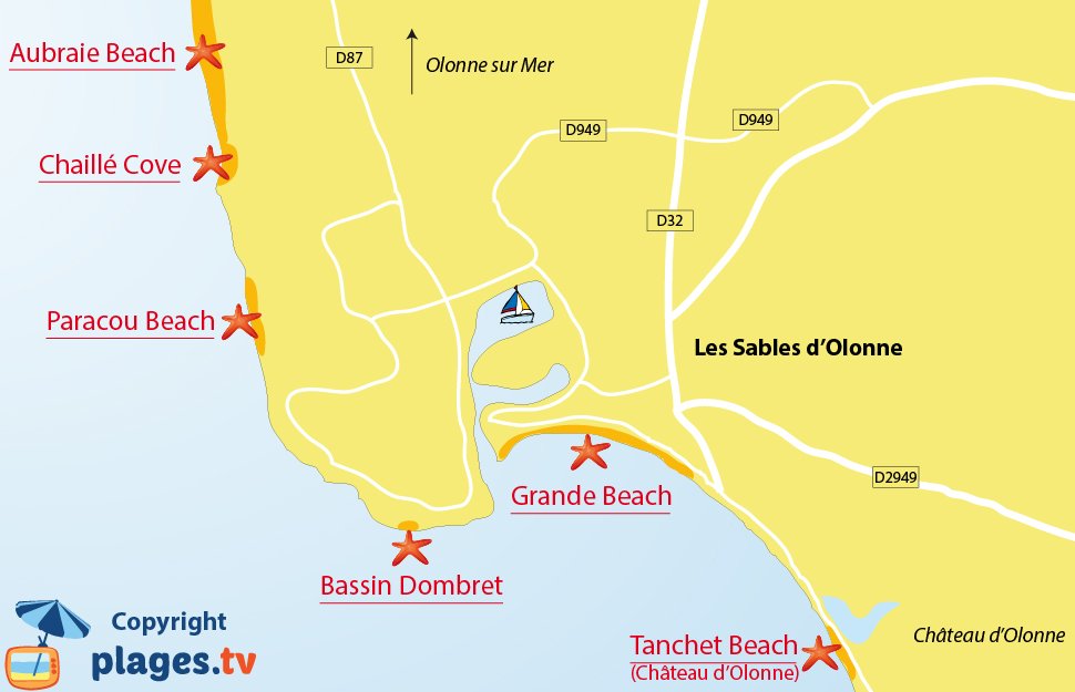 Map of the Les Sables d'Olonne beaches in France