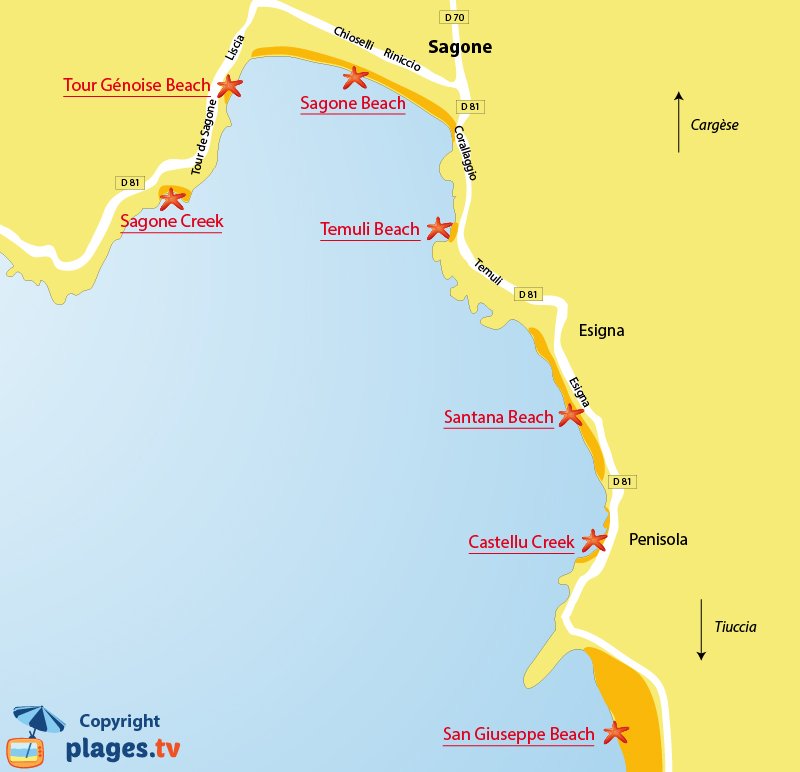 Map of Sagone beaches in Corsica