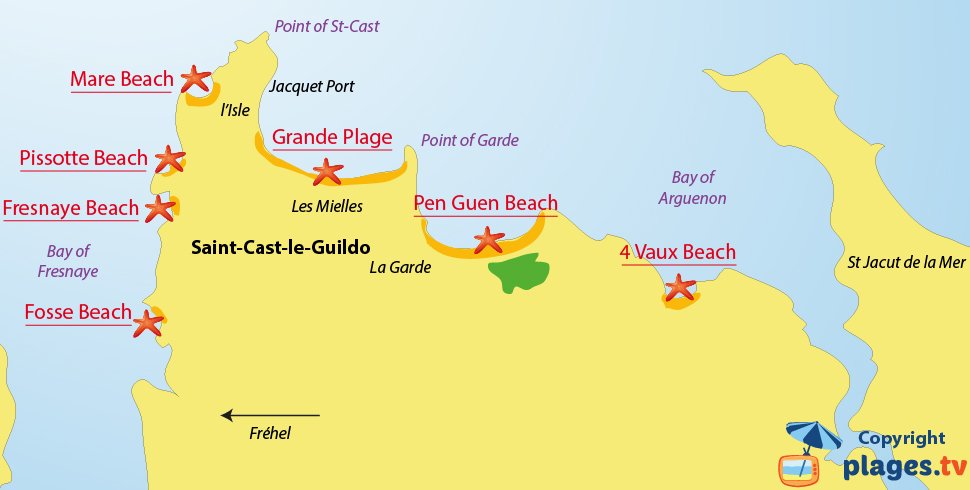 Map of Saint Cast le Guildo beaches in Brittany - France