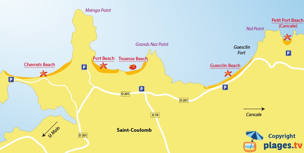 Map of the Saint-Coulomb beaches in France (Brittany)