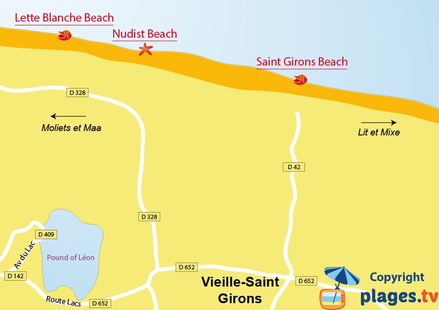 Map of Vielle-Saint-Girons beaches in France