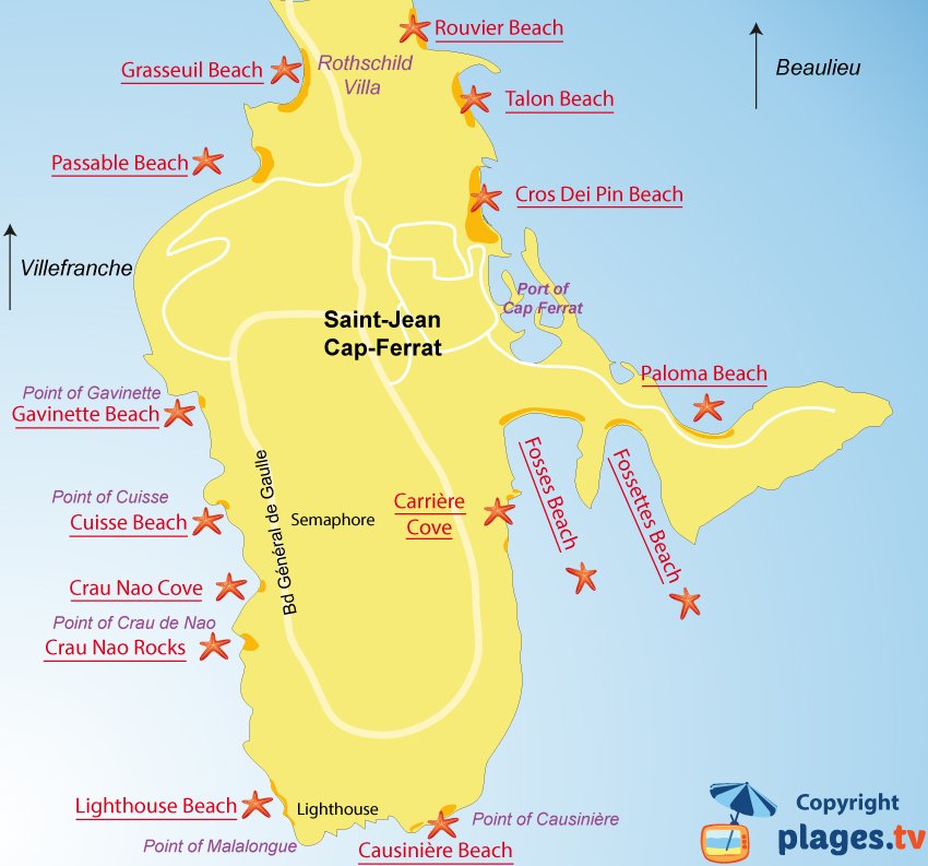 Map of Saint Jean Cap Ferrat beaches in France