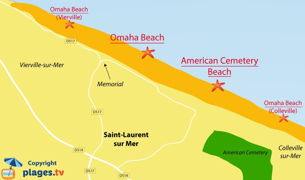 Map of Saint Laurent sur Mer beaches in Normandy - France