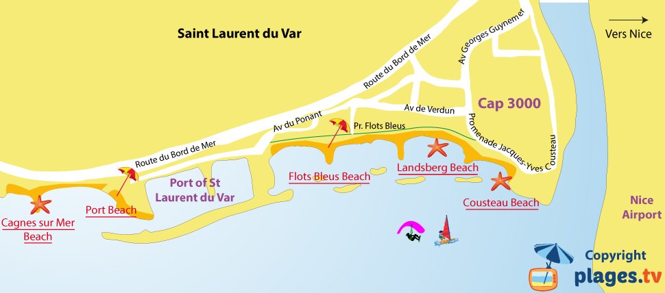 Map of Saint Laurent du Var beaches in France