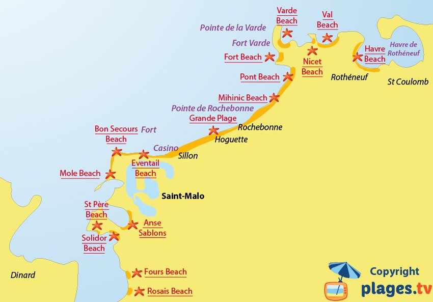 Map of the Saint-Malo beaches in France