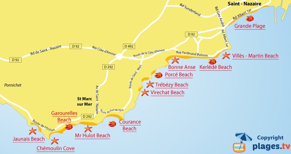 Map of Saint-Nazaire beaches in France