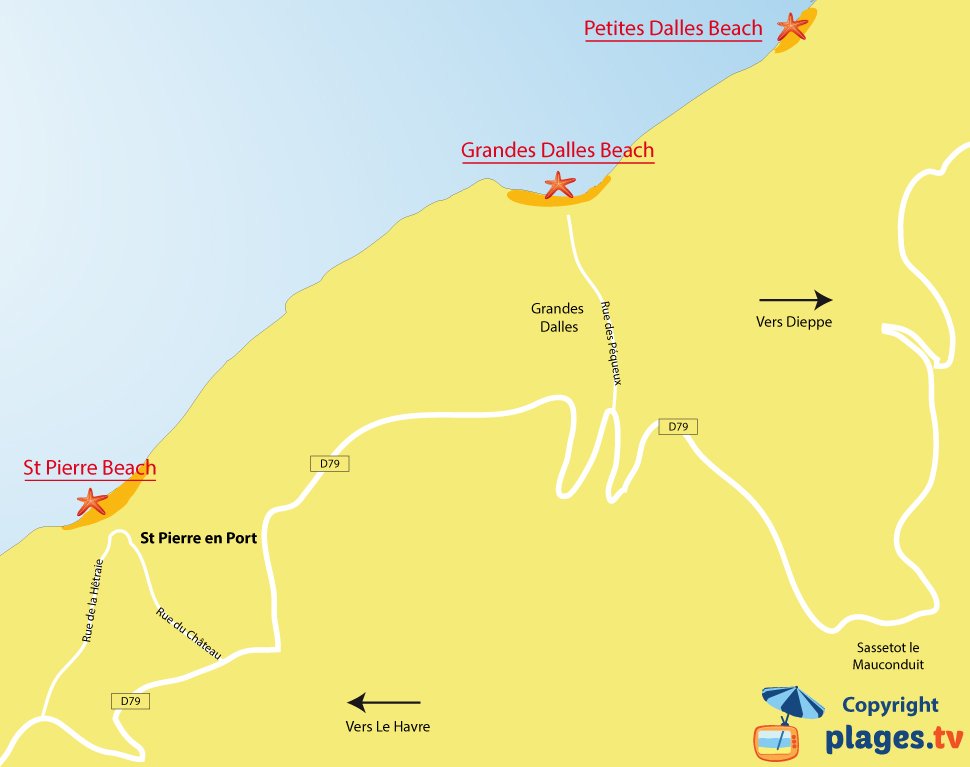 Map of Saint-Pierre-en-Port beaches in Normandy - France