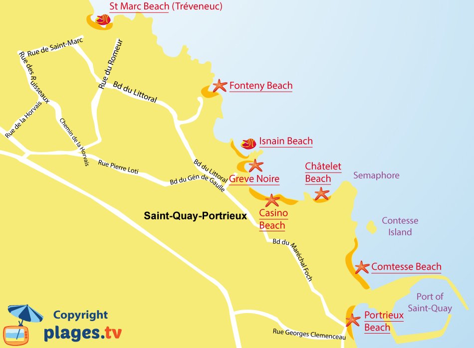 Map of St Quay Portrieux beaches in Brittany - France