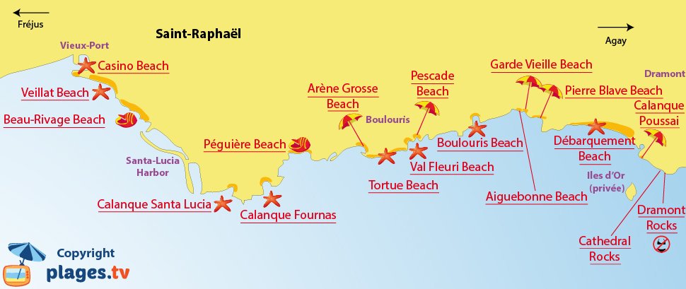 Map of Saint-Raphael beaches in France