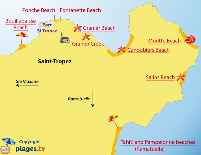 Map of the different beaches in Saint Tropez (France)