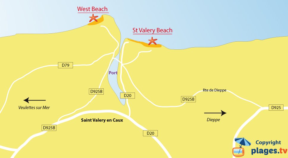 Map of Saint Valery en Caux beaches in France