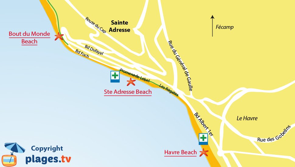 Map of Sainte Adresse beaches in France