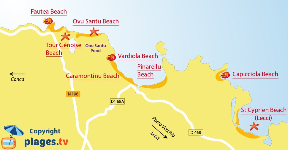 Map of Sainte Lucie de Porto Vecchio beaches - Corsica