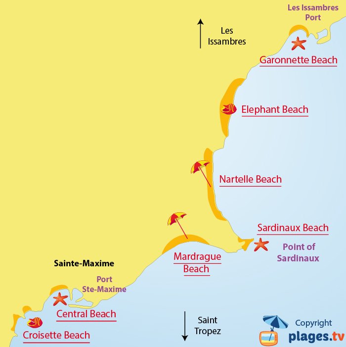 Map of Sainte Maxime beaches in France