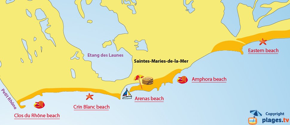 Map of the beaches of Saintes Maries de la Mer - France