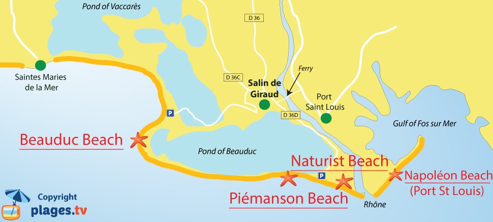 Map of the beach in Salin de Giraud (Arles) - France