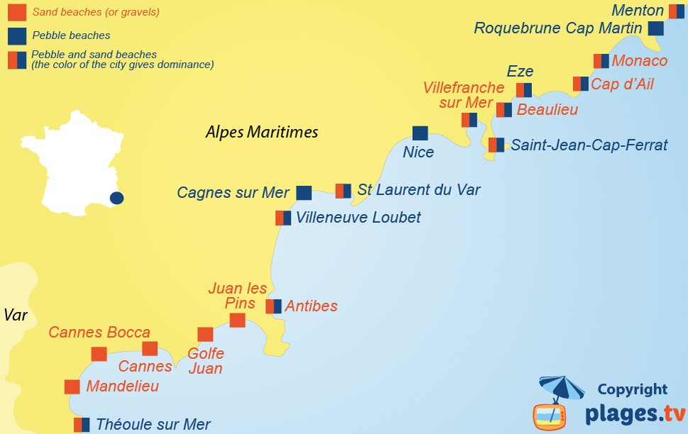 Map of the seaside resorts with sand and pebble beaches in the Alpes Maritimes in France