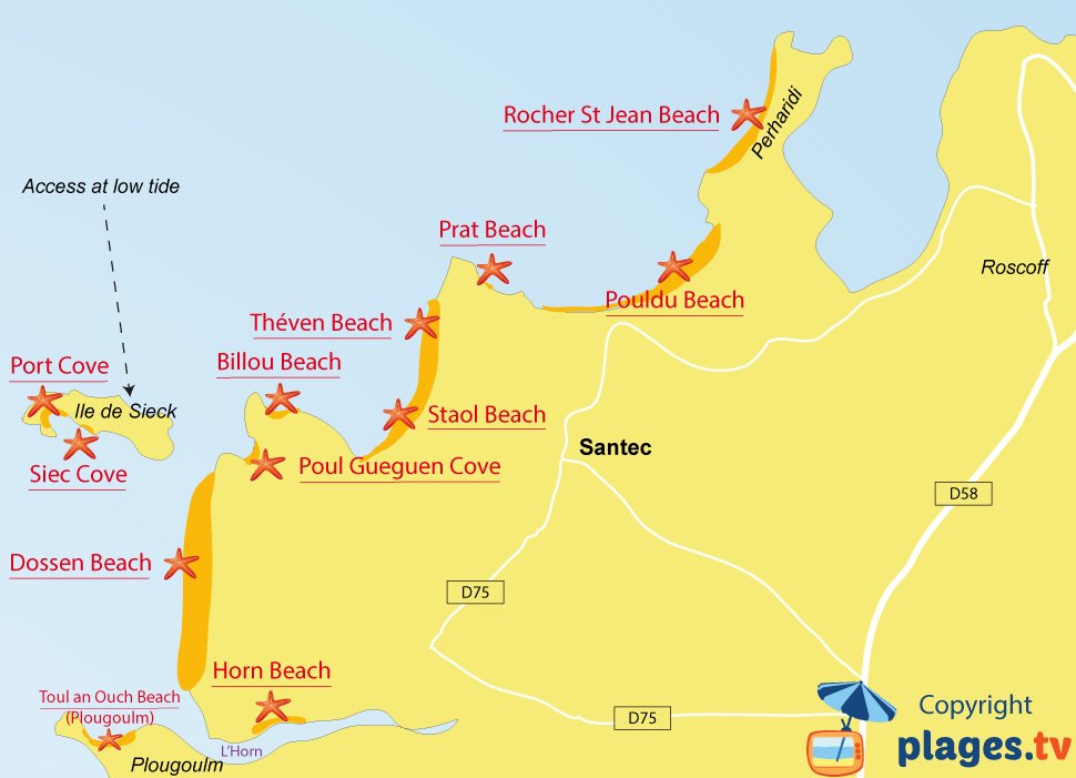 Map of Santec beaches in Brittany