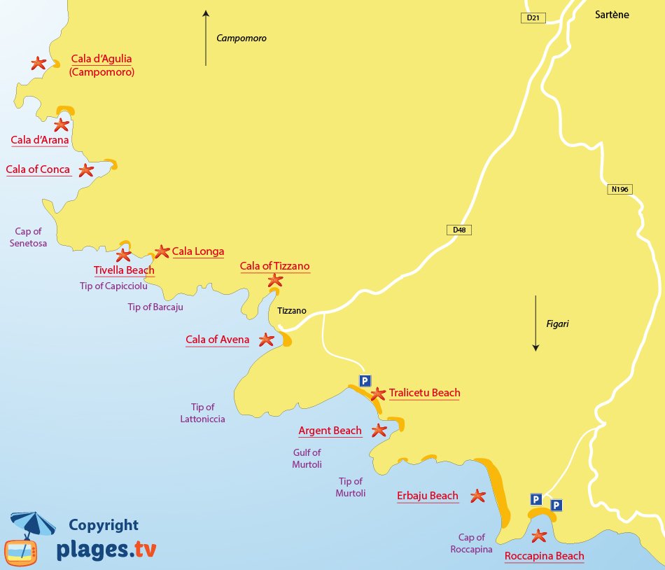 Map of Sartène beaches in Corsica