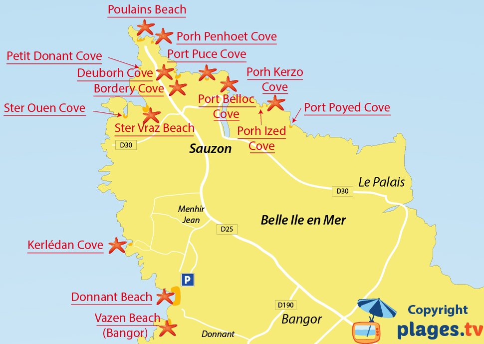 Map of Sauzon beaches in Belle Ile en Mer - France