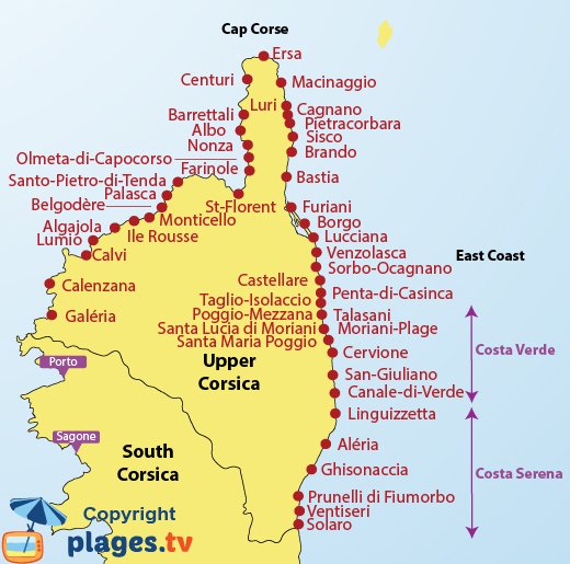 Map of the beaches and seaside resorts in Upper Corsica (Haute Corse)