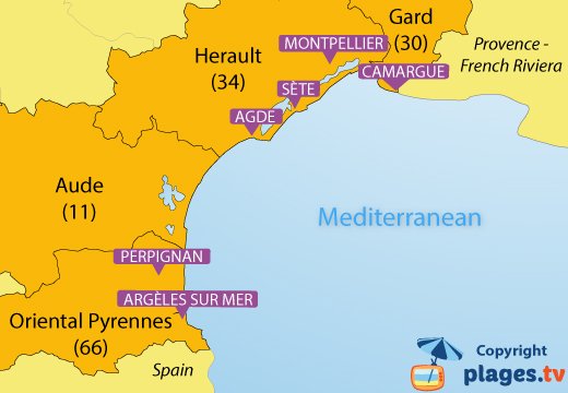 Map of the seaside resorts and beaches in Languedoc Roussillon in France