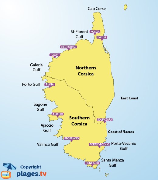 Map of the beaches and resorts in Corsica - France