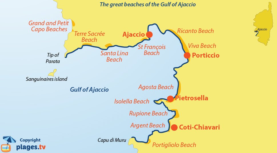 Map of the beautiful beaches in the gulf of Ajaccio in Corsica