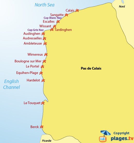 Map of the beaches and seaside resort in Pas de Calais in France