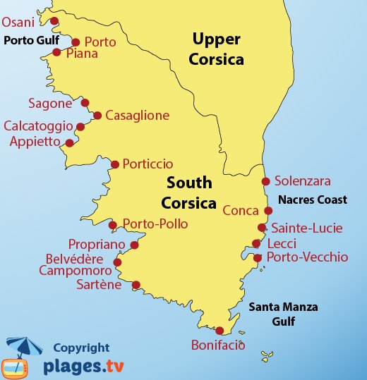 Map of the beaches and resort in South Corsica in France