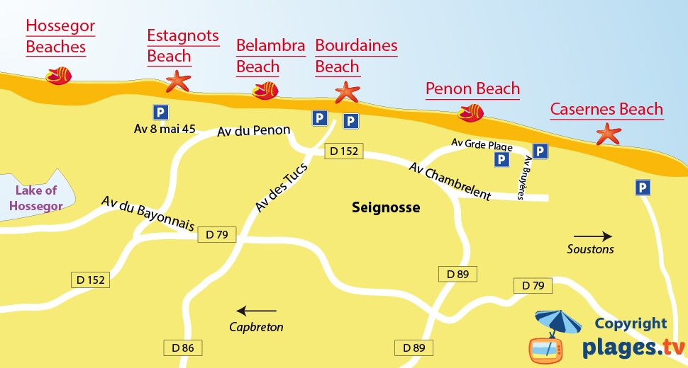 Map of Seignosse beaches in France