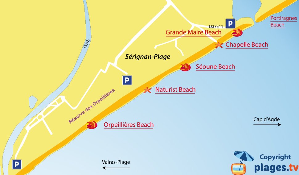 Map of Serignan beaches in France