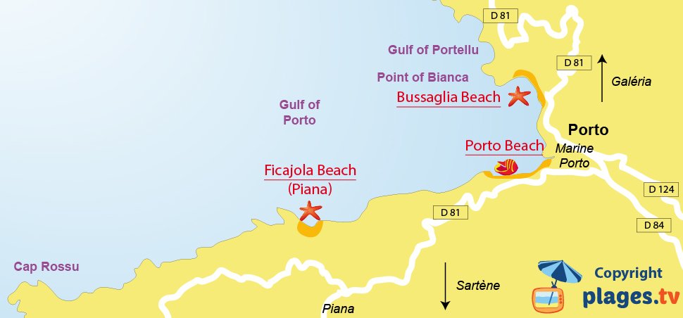 Map of Serriera beaches in Corsica - Porto Bay