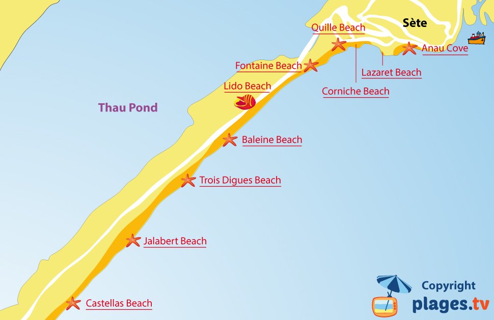 Map of Sete beaches in France