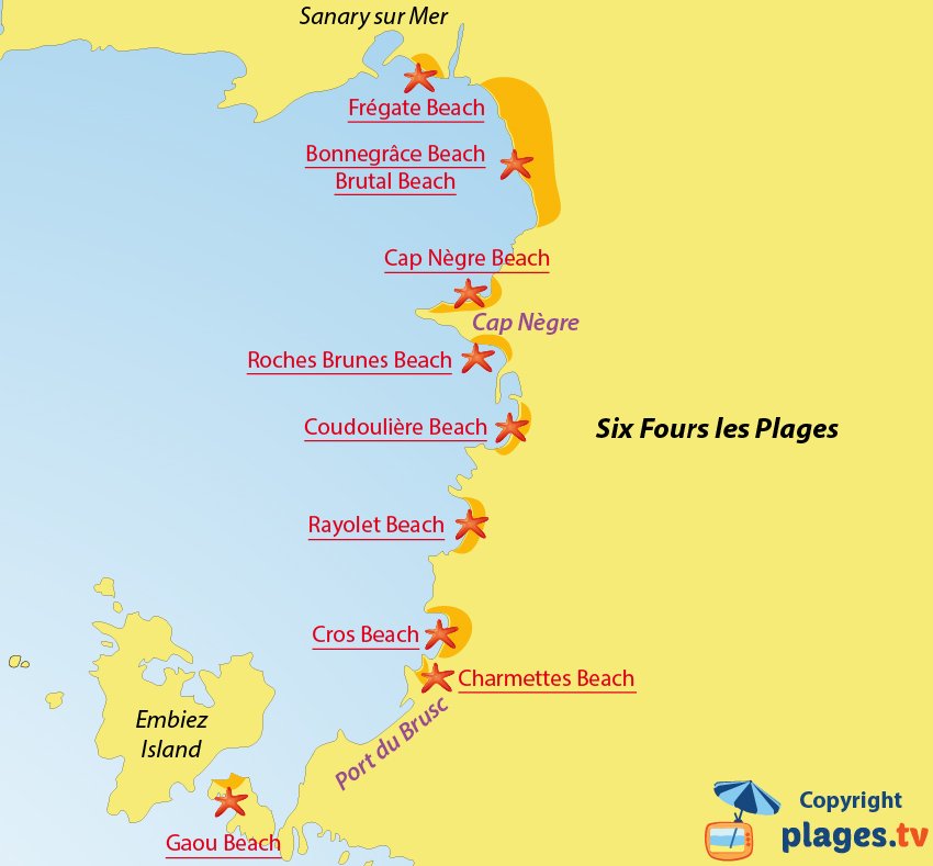 Map of Six Fours les Plages beaches in France