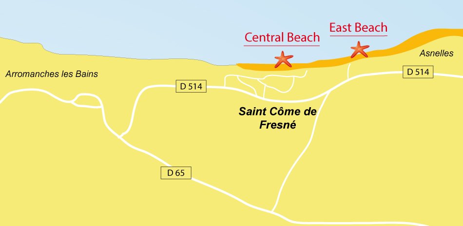 Map of St Come de Fresne beaches in Normandy