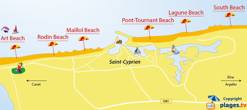 Map of Saint-Cyprien beaches in France