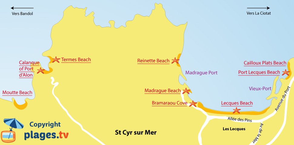 Map of Saint Cyr sur Mer beaches in France
