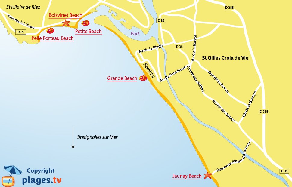 Map of Saint-Gilles-Croix-de-Vie beaches in France