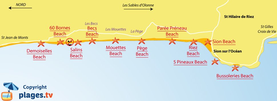 Map of Saint-Hilaire-de-Riez beaches in France