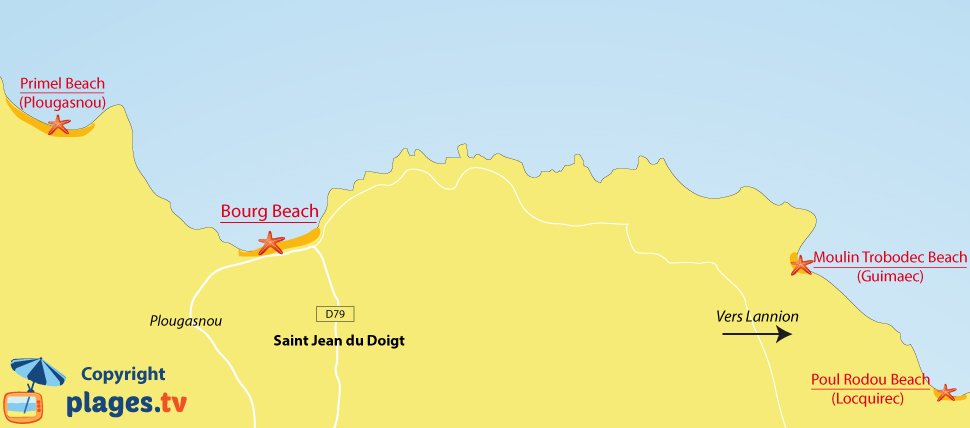 Map of St Jean du Doigt beaches in Brittany - France