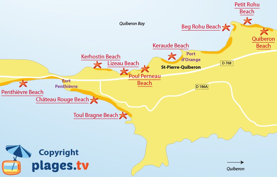 Map of Saint-Pierre-Quiberon beaches in France (Brittany)