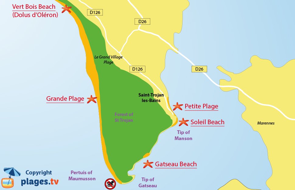 Map of Saint Trojan les Bains beaches in Oleron in France