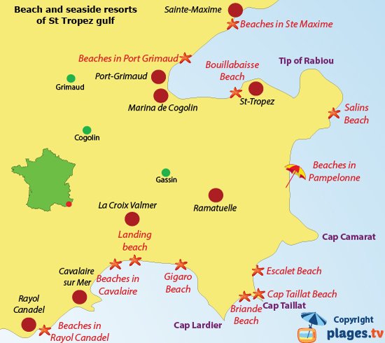 Map of beaches and seaside resorts of the gulf of Saint Tropez in France