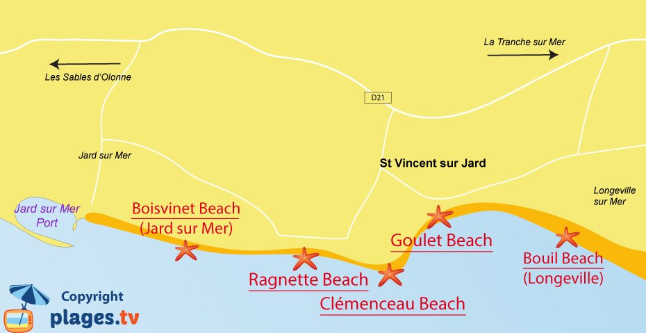 Map of Saint Vincent sur Jard beaches